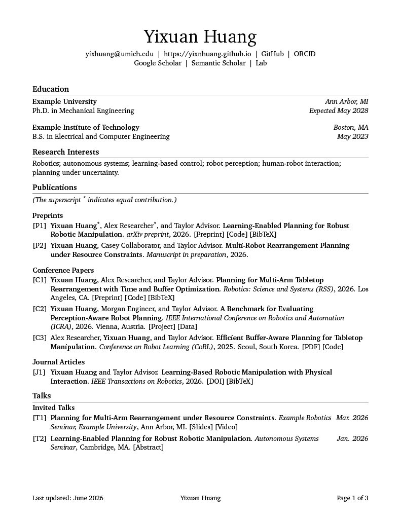 Vectra academic CV example page 1